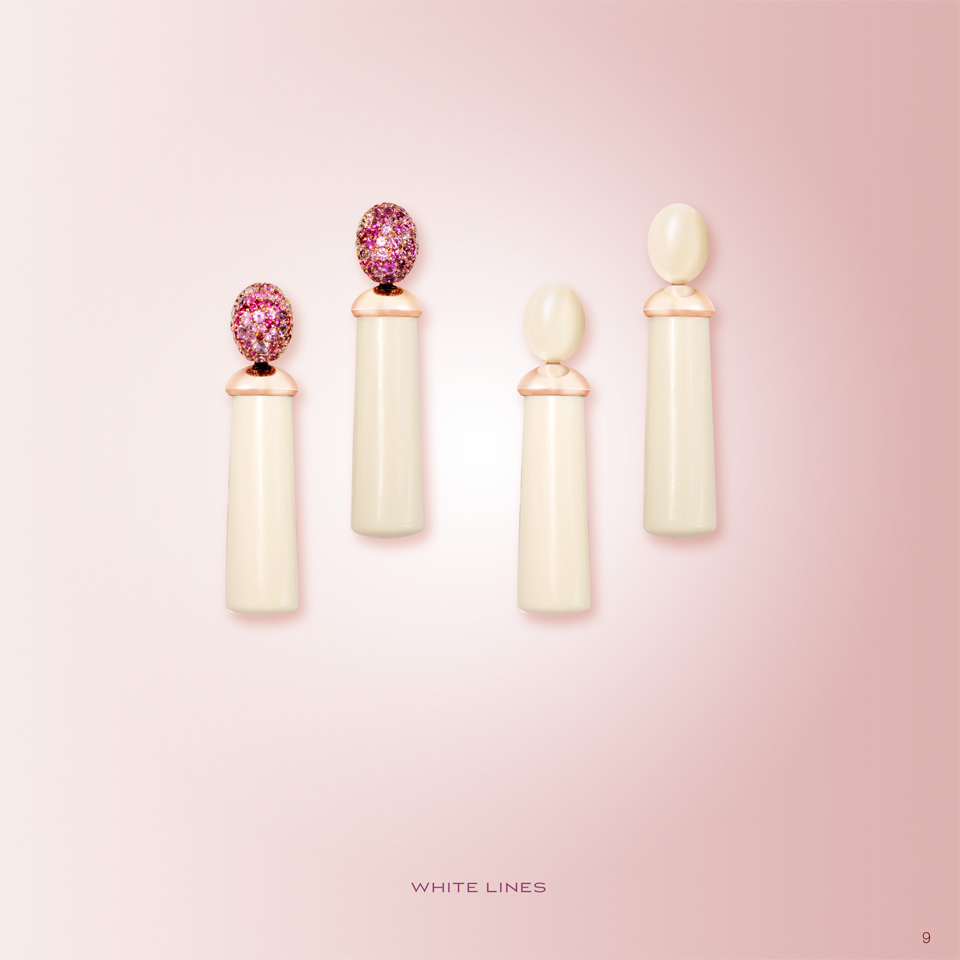 LILAC IVORY Earring lilac ivory two-piece earrings Brazilian kunzite mammoth tooth 750/000 yellow gold invisible change mechanism pink sapphires made-to-order shown length 4 cm